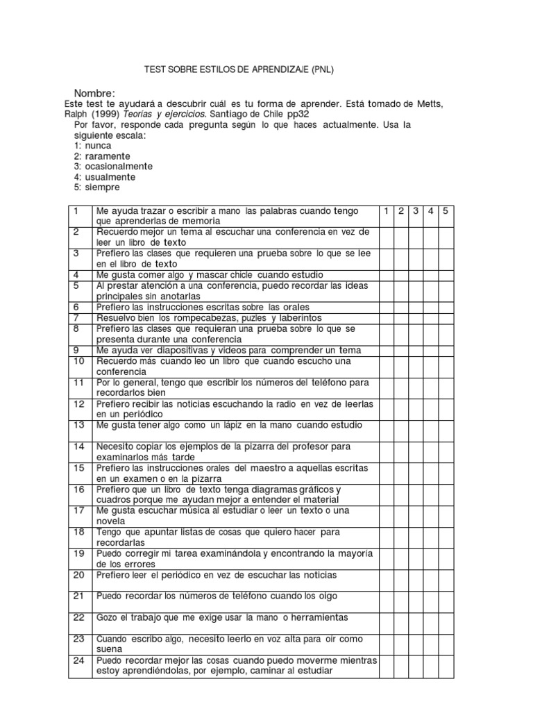 Test Sobre Estilos de Aprendizaje Vak | PDF