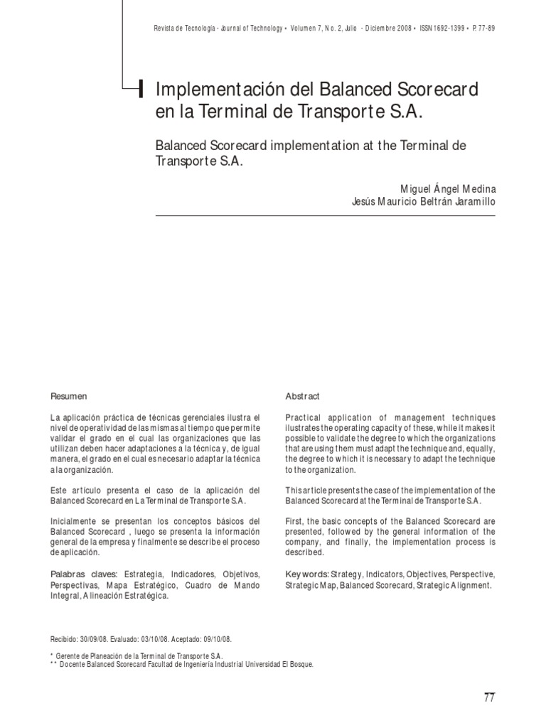 Implementación del Balanced Scorecard | PDF | Planificación | Bogotá