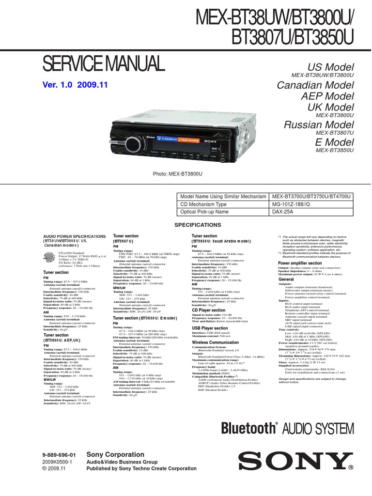 Sony Mex-Bt3800u Bt38uw Bt3807u Bt3850u PDF | PDF | Hertz | Antenna (Radio)