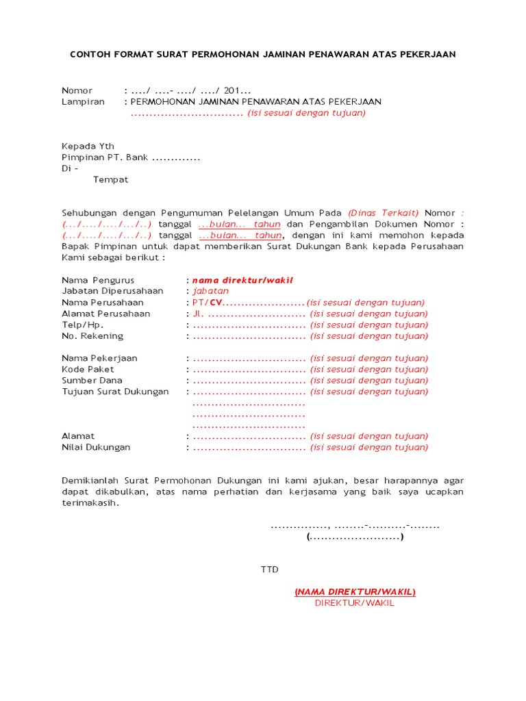 Contoh Surat Permohonan Pengembalian Jaminan Bank