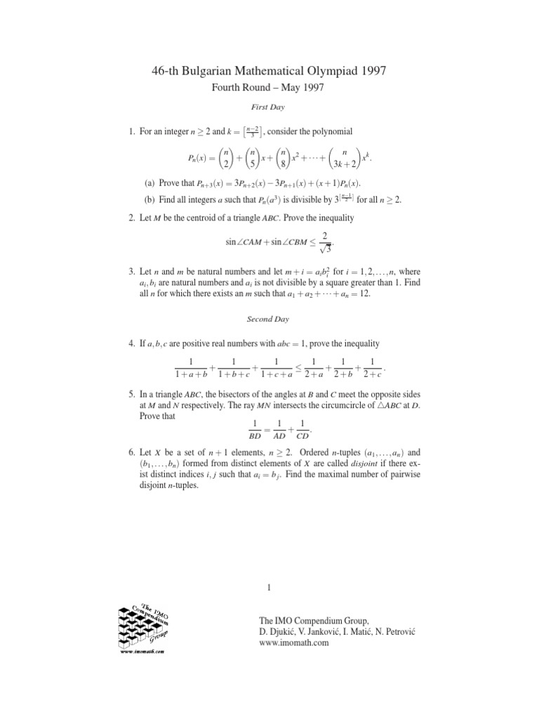 1997 Bulgarian Math Olympiad Problems | PDF