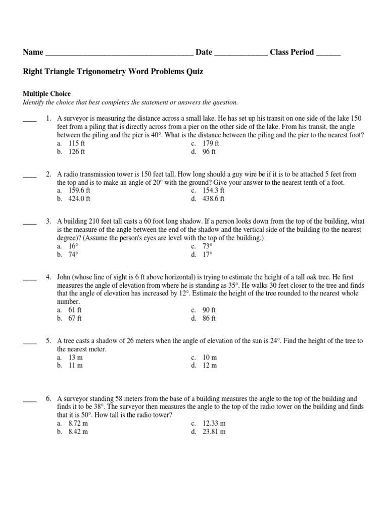 Quiz RT Triangle Trig Word Prob  PDF  Baseball Field  Surveying Within Trig Word Problems Worksheet