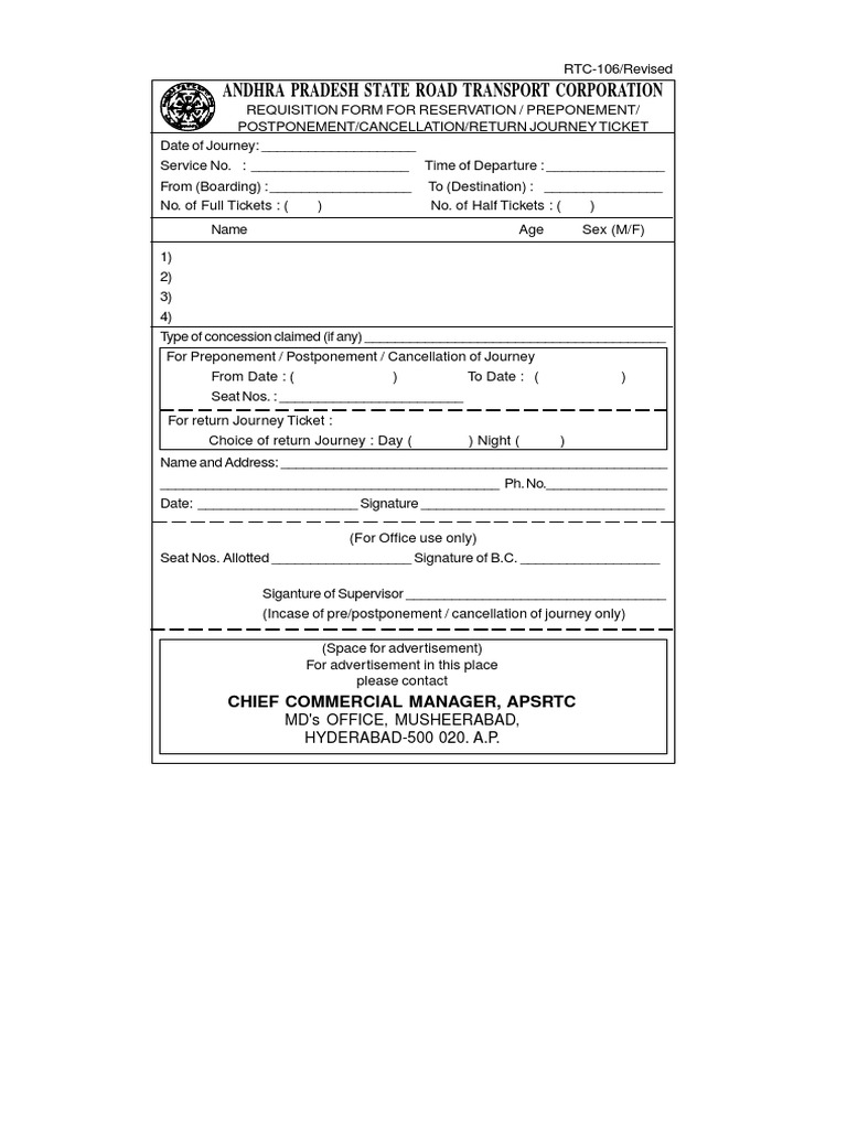 APSRTC Advance Reservation or Preponement or Cancellation or Return ...
