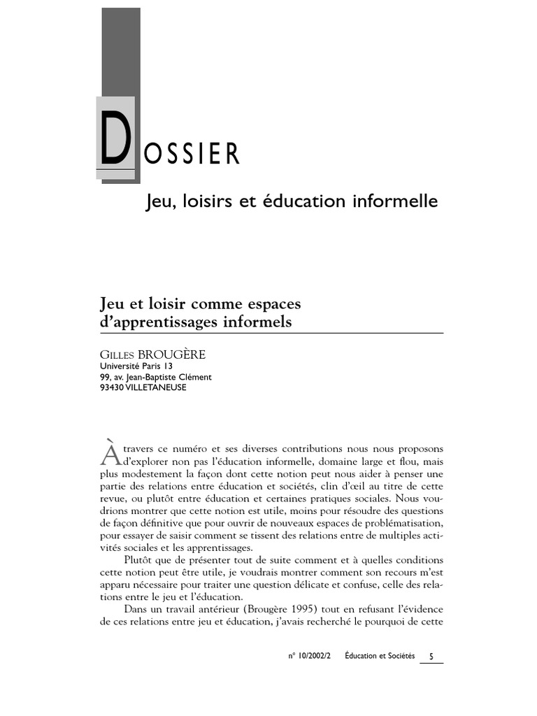 Jeu et éducation : enjeux et pratiques | PDF | Loisir | Apprentissage