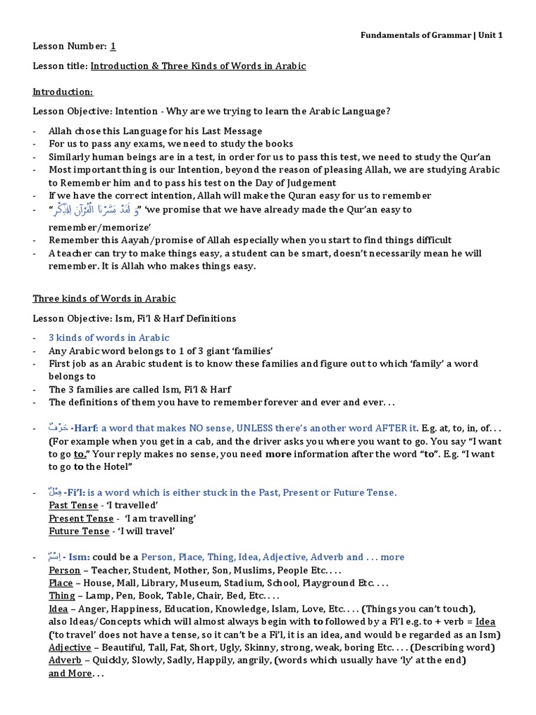 Arabic With Husna 1 Introduction Three Kinds Of Words In Arabic Pdf Arabic Quran