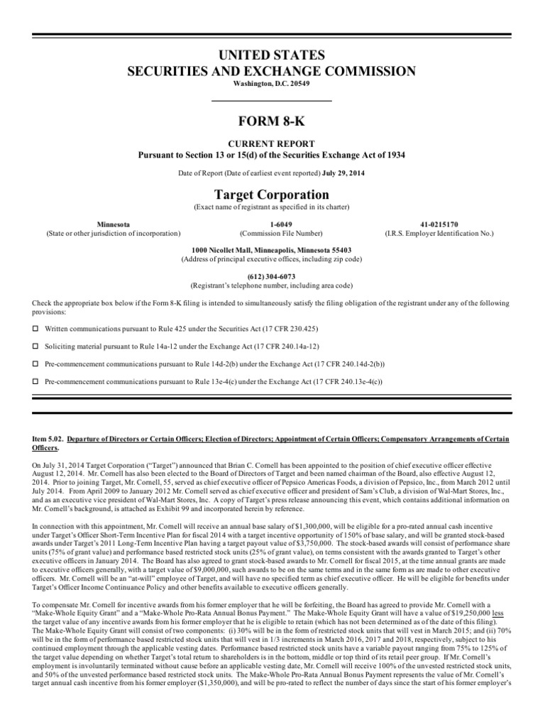 Target Corporation 8K - Brian C. Cornell Appt | PDF | Target Corporation |  Vesting