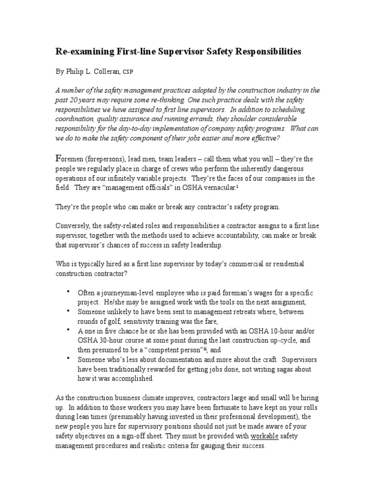 Supervisor Safety Responsibilities in Construction | PDF | Safety ...