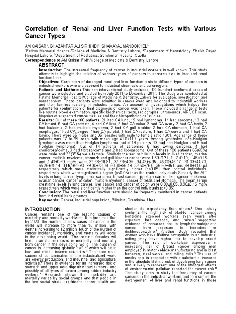 Correlation of Renal and Liver Function Tests With Various Cancer Types ...