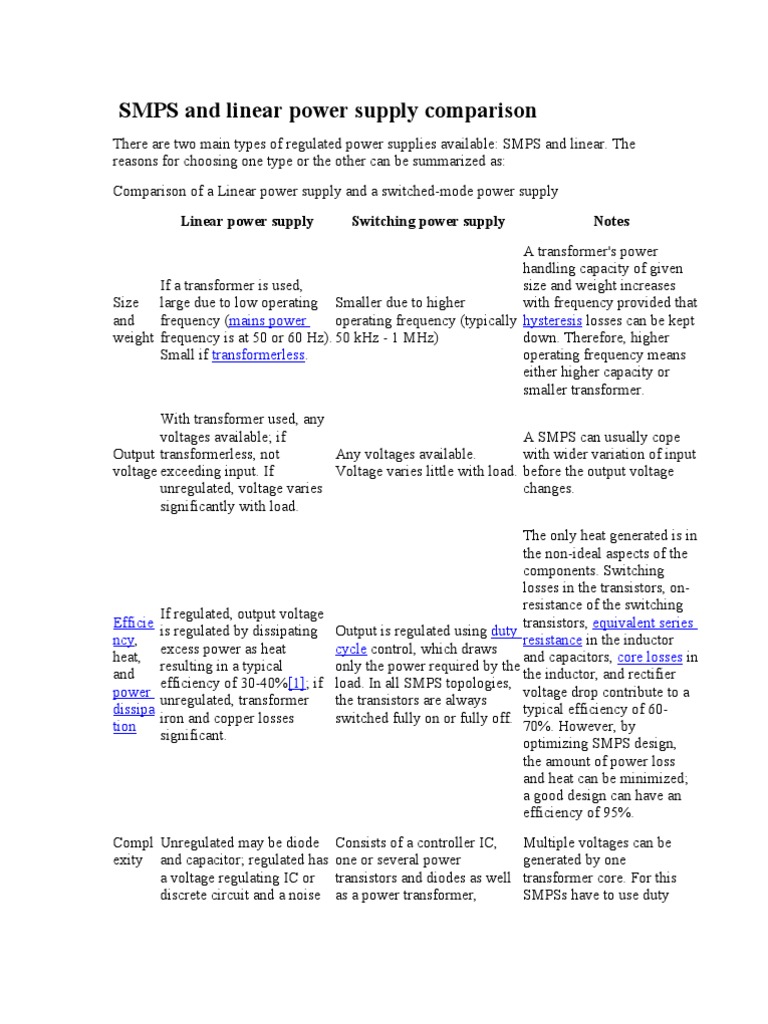 SMPS and Linear Power Supply Comparison PDF Power Supply Electrical Components