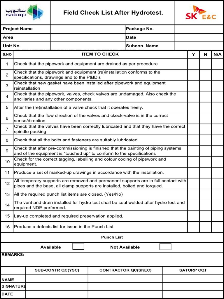 Hydrotest Check List Elevator Pump