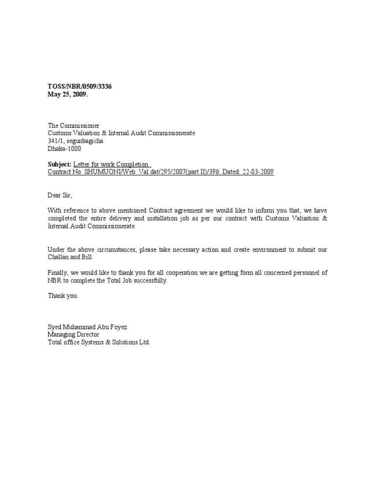 Completion Notice for Customs Contract | PDF | Business | Finance ...