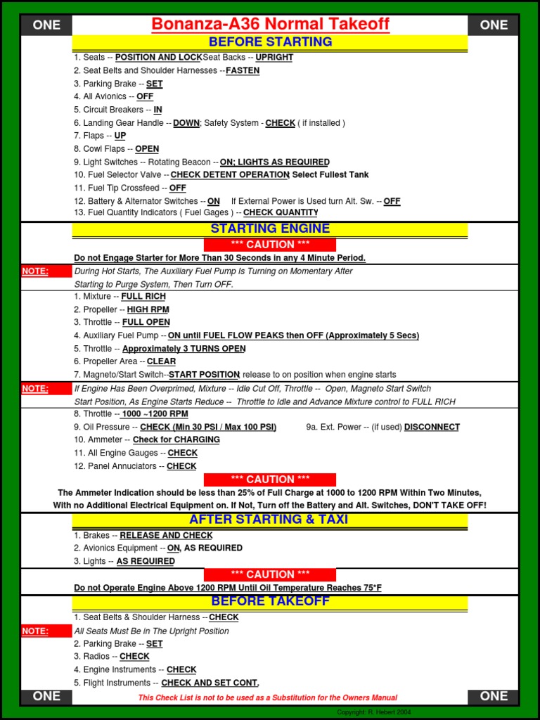 Bonanza A36 Checklist PDF Landing Gear Takeoff