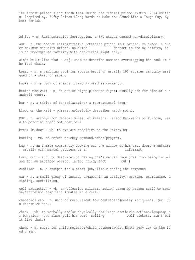 Federal Prison Slang For The Square Guy. PDF Federal Bureau Of