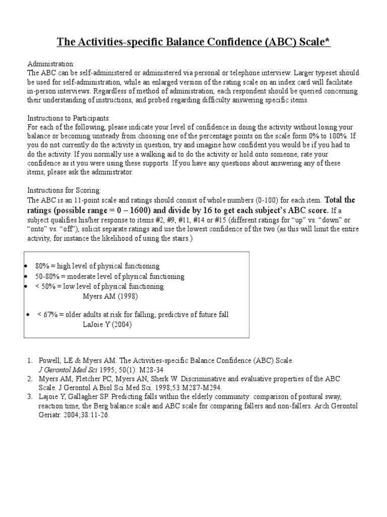 Activities Specific Balance Confidence Scale Physical Therapy Behavioural Sciences