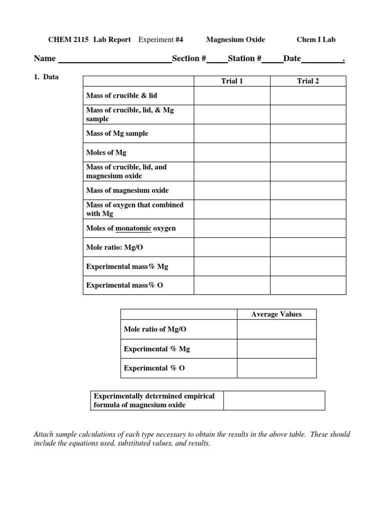 Magnesium Oxide Percent Composition Lab | PDF | Magnesium | Oxygen
