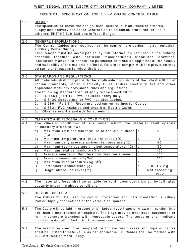 1.1 KV Control Cable Specifications | PDF | Cable | Specification ...