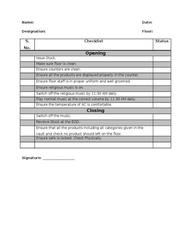 Floor Manager Daily Checklist | PDF