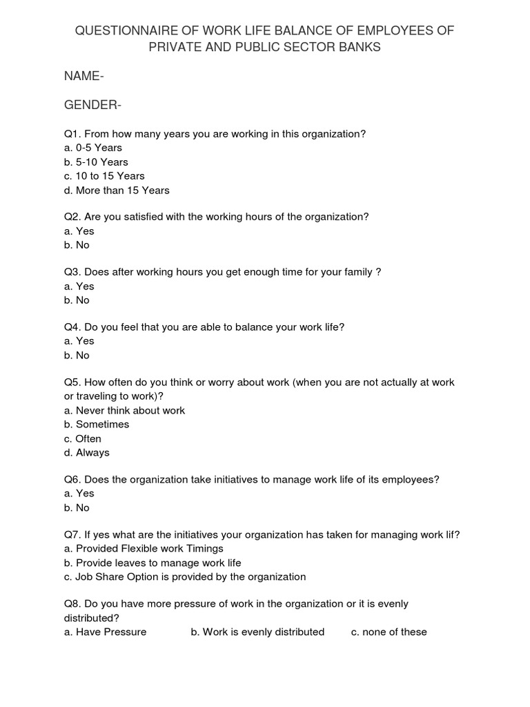 Work Life Balance Questionnare | PDF