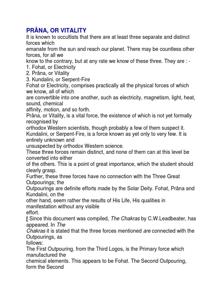 Prâna, or Vitality (Since This Document Was Compiled, The Chakras by C