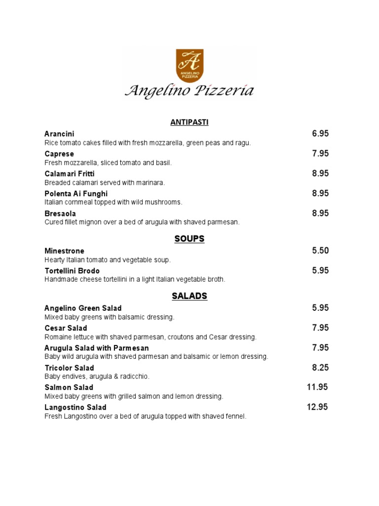 Angelino Restaurant Menu Overview | PDF | Pizza | Tomato Sauce