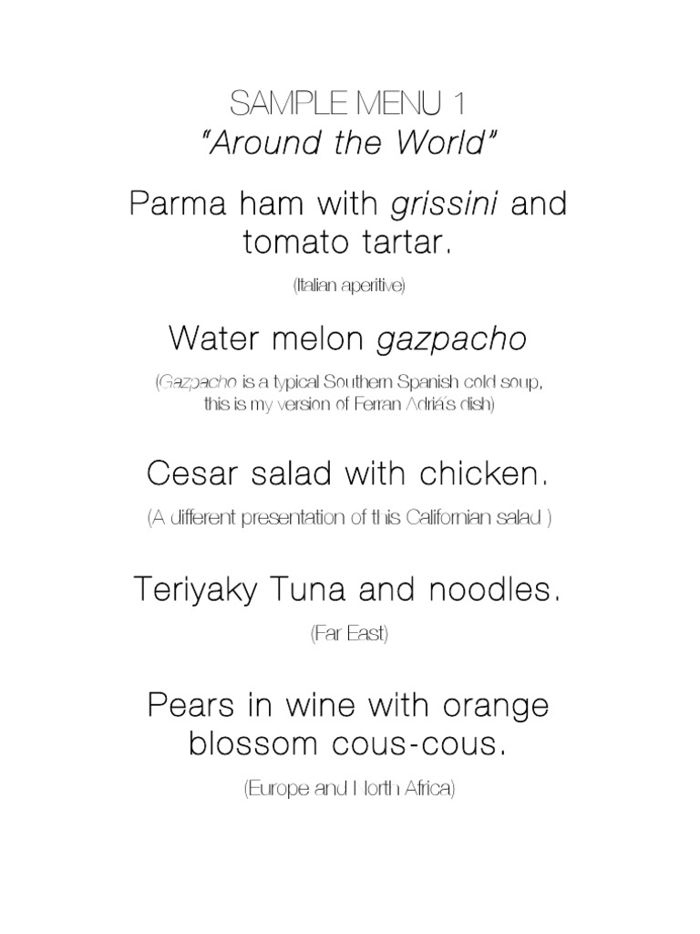 Sample Menu 1 Parma Ham With Grissini and Tomato Tartar. Water Melon ...