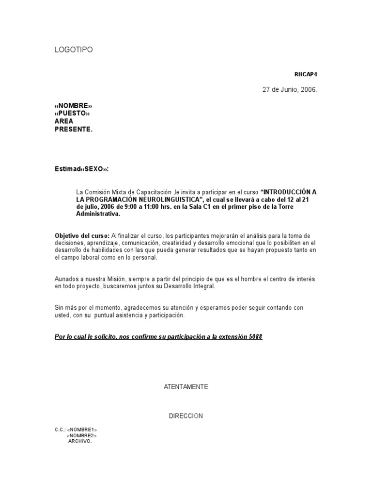 Carta De Invitacion A Curso Capacitacion Pdf