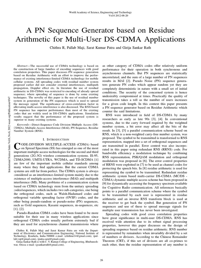 A PN Sequence Generator Based On Residue Arithmetic For Multi User DS ...