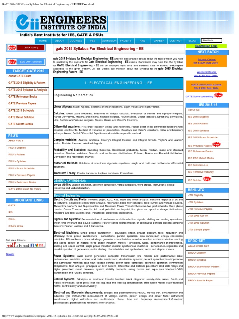 GATE 2014 2015 Exam Syllabus for Electrical Engineering EEE PDF