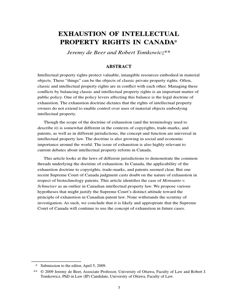 Exhaustion of Intellectual Property Rights in Canada Intellectual