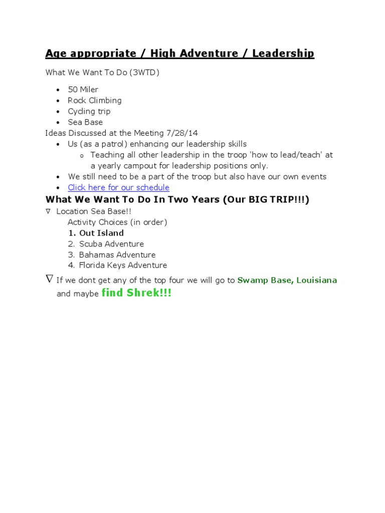 Leadership and Adventure Trip Plans | PDF