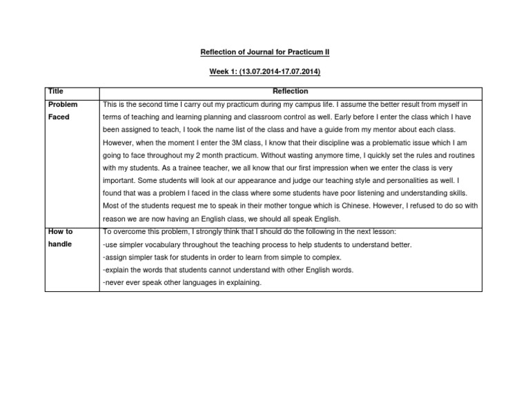 Practicum II Week 1 Reflection: Teaching Challenges | PDF