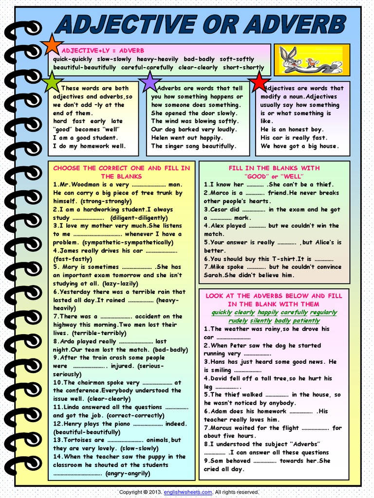 adjective or adverb worksheet with grammar explanation pdf adverb