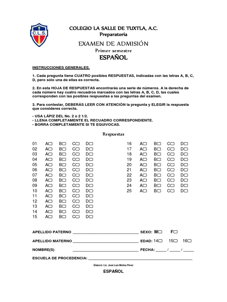 Examen Admision Preparatoria La Salle Antártida Comillas