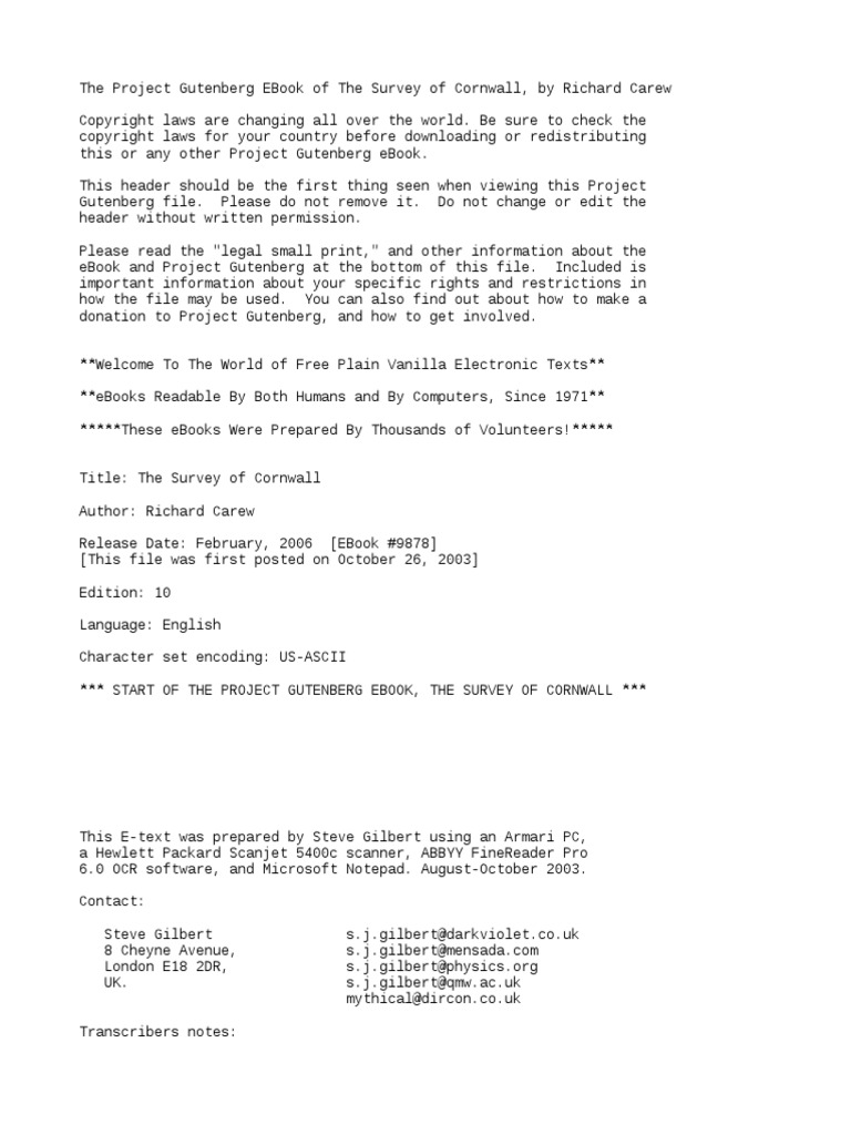 The Survey of CornwallAnd An Epistle Concerning The Excellencies of The  English Tongue by Carew, Richard, 1555-1620, PDF, Project Gutenberg