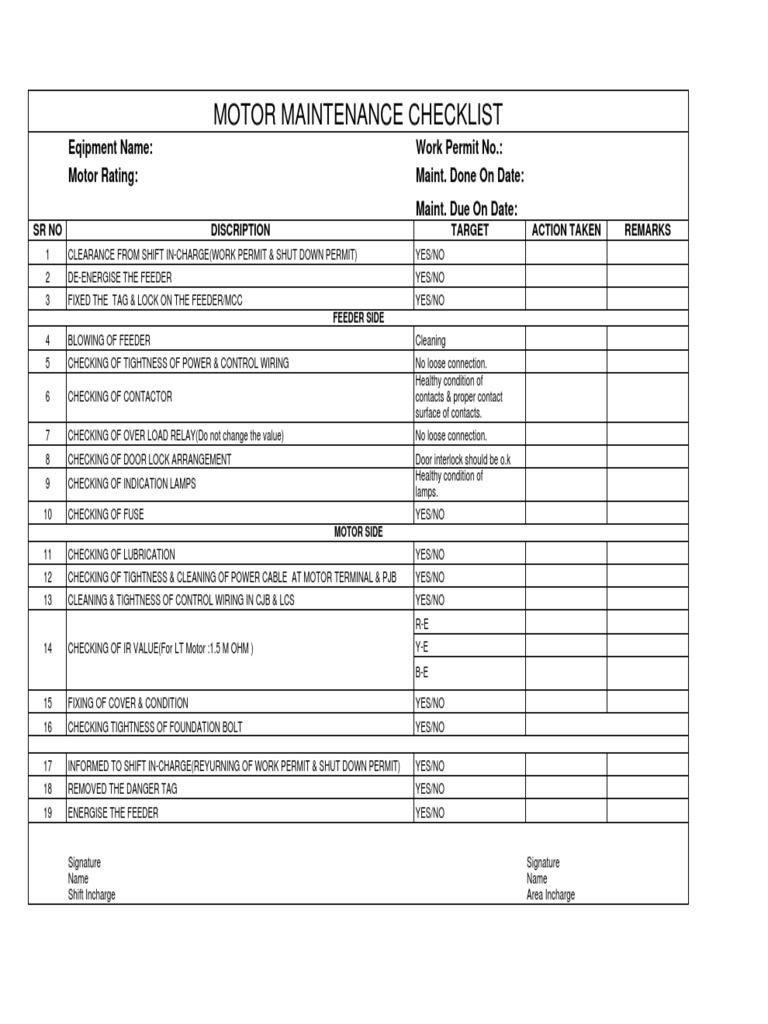 Motor Maintenance Checklist Eqipment Name Work Permit No. Motor