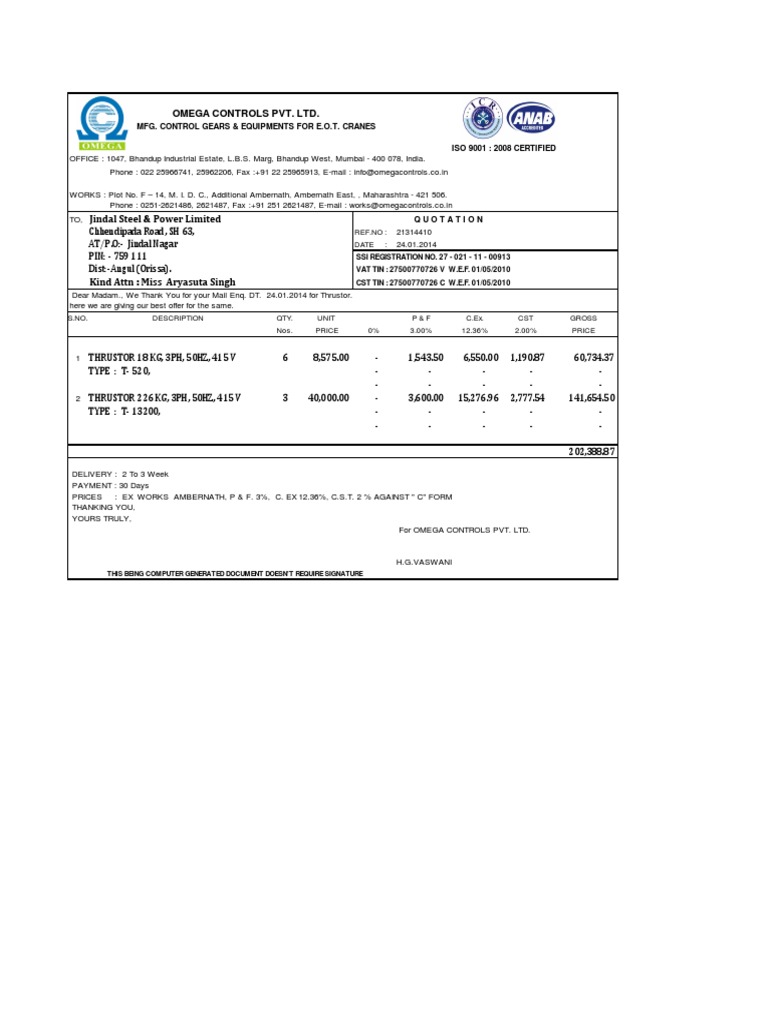 Omega Controls Pvt. LTD.: Jindal Steel & Power Limited | PDF