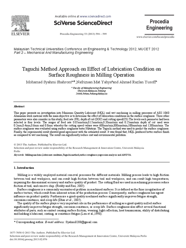 Taguchi Method Approach On Effect of Lubrication Condition On Surface ...