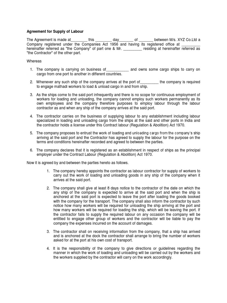 Agreement For Supply of Labour | PDF