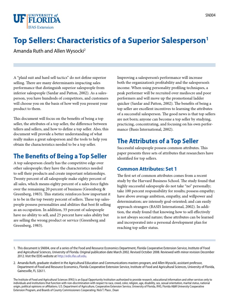 Characteristics of Superior Salespeople | PDF | Sales | Psychological ...