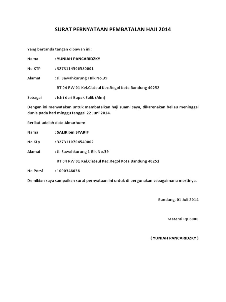 Surat Pernyataan Pembatalan Haji 2014 Pdf