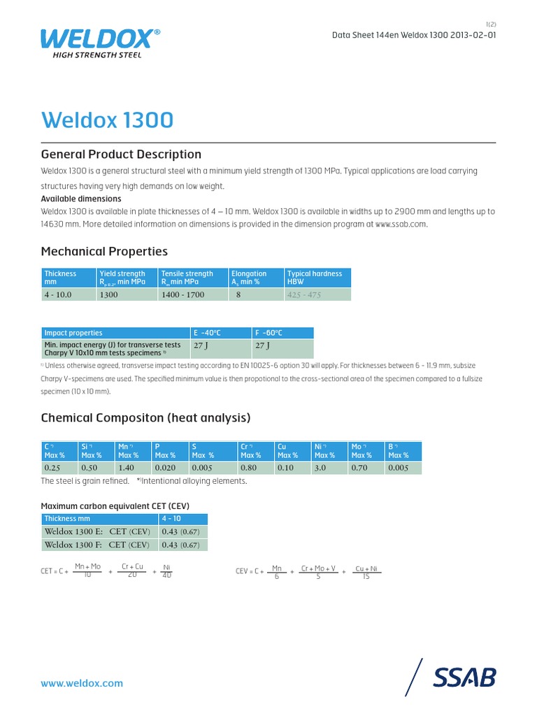 Weldox 1300 Structural Steel Overview | PDF | Strength Of Materials ...
