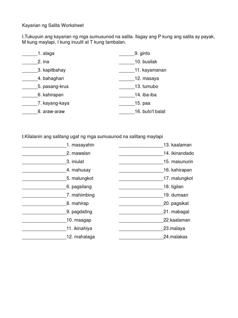 Kayarian Ng Salita Worksheet