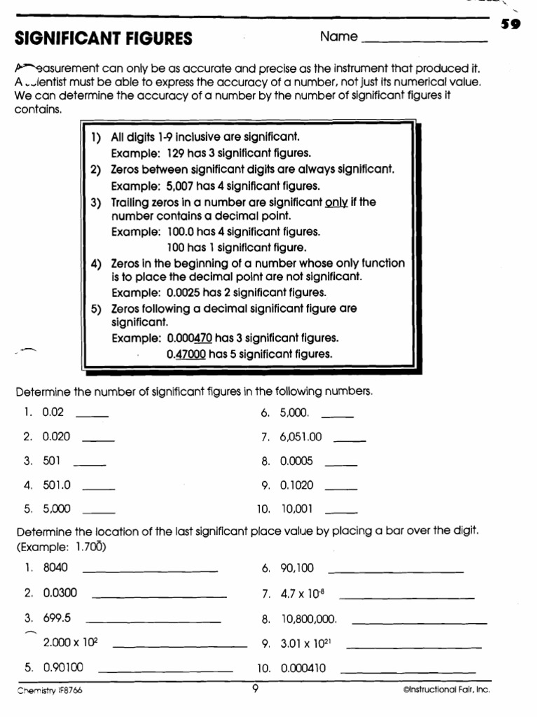 Printables Chemistry If8766 Worksheet Answers significant figures worksheet decimal