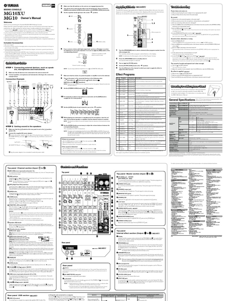 Yamaha MG10XU - Owner's Manual | PDF | Microphone | Equalization (Audio)