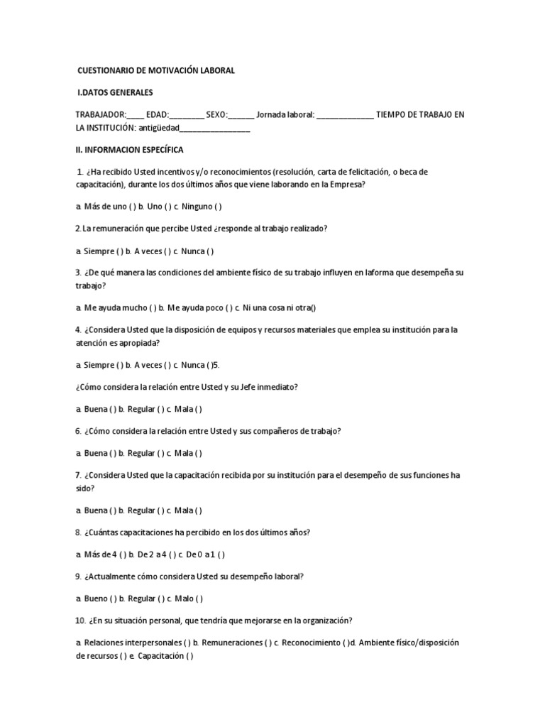Cuestionario de Motivación Laboral | PDF | Crecimiento personal y ...
