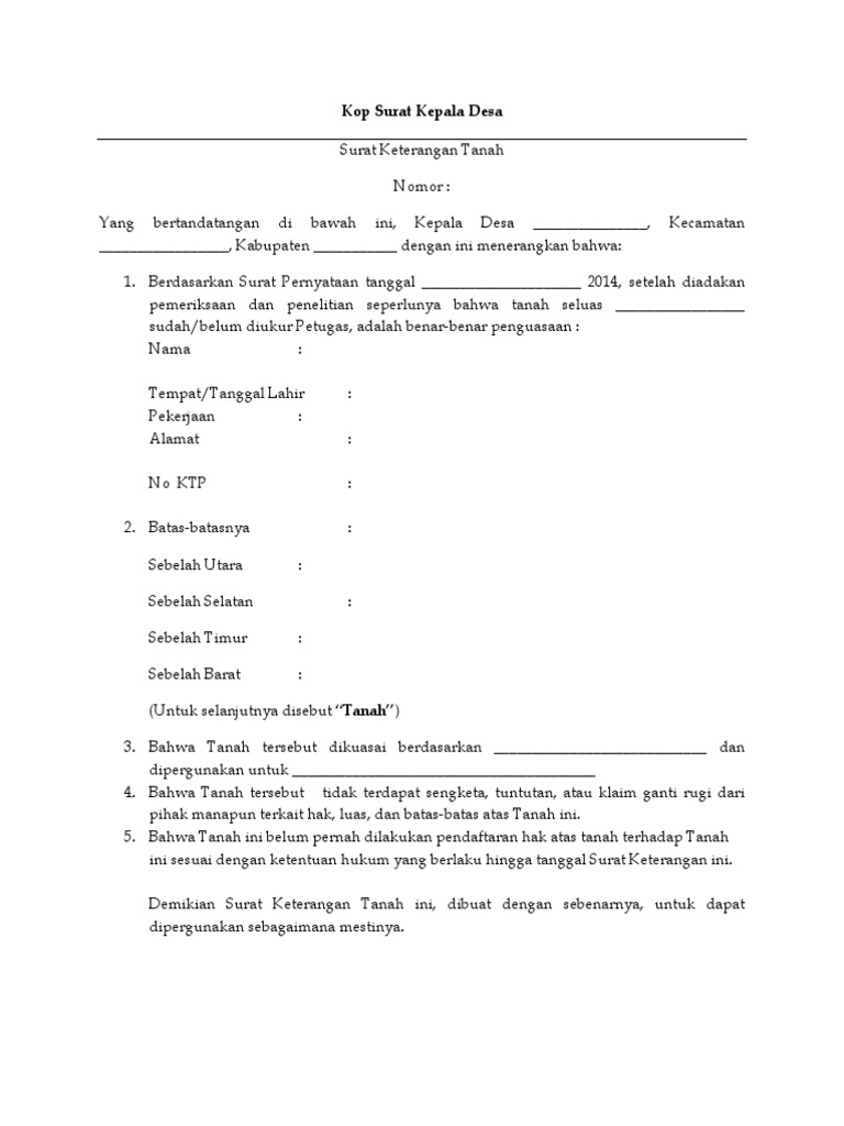 Contoh Surat Keterangan Riwayat Tanah Dari Desa