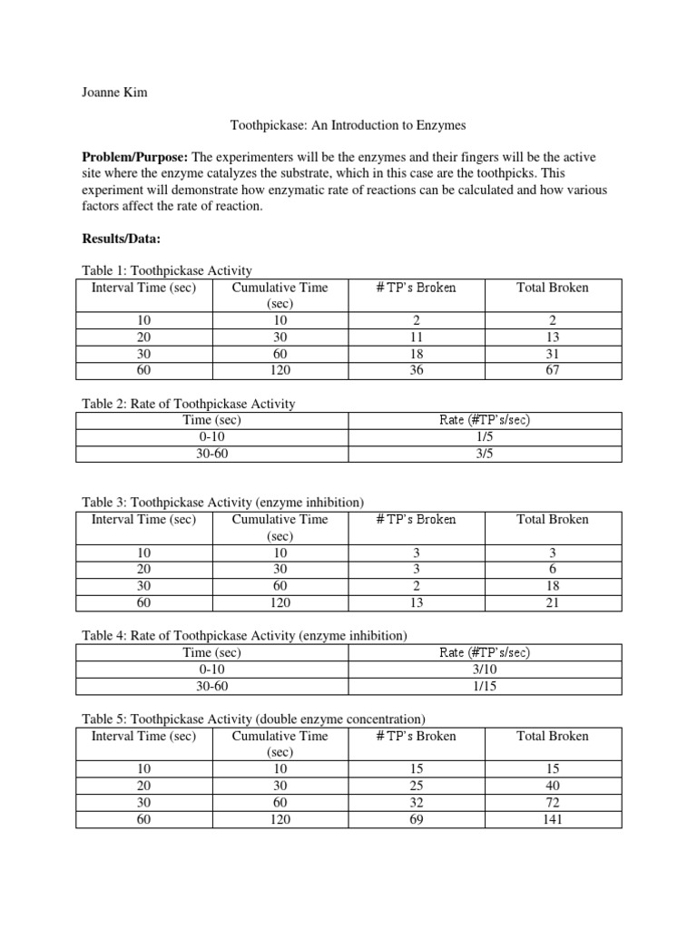 Toothpickase Lab PDF Reaction Rate Enzyme