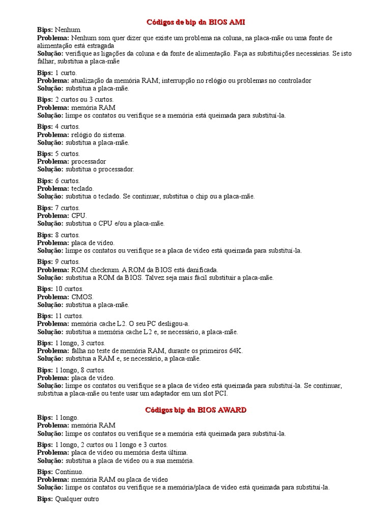 Códigos de Bips da BIOS AMI e AWARD | PDF | Eletrônicos | Engenharia ...