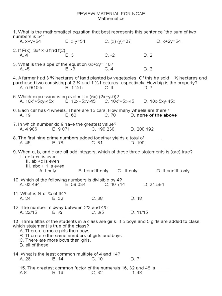 Review Material For Ncae | PDF | Teaching Mathematics
