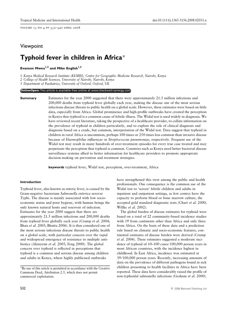Typhoid Fever in Children in Africa : Viewpoint | PDF | Science ...